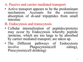 A. Passive and carrier mediated transport:
• Active transport appears to be the predominant
mechanism. Accounts for the extensive
absorption of di-and tripeptides from small
intestine
B. Endocytosis and transcytosis
• Cellular internalization of peptides/proteins
may occur by Endocytosis whereby peptide
/proteins, which are too large to be absorbed
by carrier mediated transport, are taken up.
• The Different pathways of Endocytosis
involve Phagocytosis(cell eating),
Pinocytosis(cell drinking)
14
 