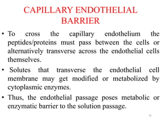 CAPILLARY ENDOTHELIAL
BARRIER
• To cross the capillary endothelium the
peptides/proteins must pass between the cells or
alternatively transverse across the endothelial cells
themselves.
• Solutes that transverse the endothelial cell
membrane may get modified or metabolized by
cytoplasmic enzymes.
• Thus, the endothelial passage poses metabolic or
enzymatic barrier to the solution passage.
16
 