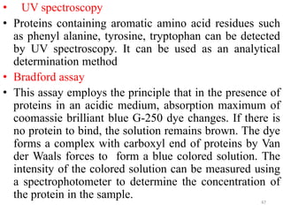 • UV spectroscopy
• Proteins containing aromatic amino acid residues such
as phenyl alanine, tyrosine, tryptophan can be detected
by UV spectroscopy. It can be used as an analytical
determination method
• Bradford assay
• This assay employs the principle that in the presence of
proteins in an acidic medium, absorption maximum of
coomassie brilliant blue G-250 dye changes. If there is
no protein to bind, the solution remains brown. The dye
forms a complex with carboxyl end of proteins by Van
der Waals forces to form a blue colored solution. The
intensity of the colored solution can be measured using
a spectrophotometer to determine the concentration of
the protein in the sample. 47
 
