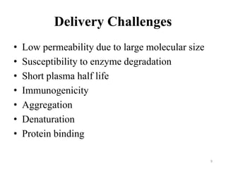 Delivery Challenges
• Low permeability due to large molecular size
• Susceptibility to enzyme degradation
• Short plasma half life
• Immunogenicity
• Aggregation
• Denaturation
• Protein binding
9
 