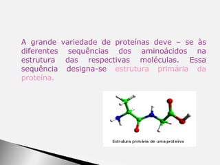 A grande variedade de proteínas deve – se às diferentes sequências dos aminoácidos na estrutura das respectivas moléculas. Essa sequência designa-se  estrutura primária da proteína. 