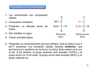 Propiedades de los aminoácidos

1. Los aminoácidos son compuestos
sólidos.
2. compuestos cristalinos
3. Presentan un eleva...