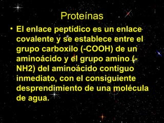 Proteínas
• El enlace peptídico es un enlace
  covalente y se establece entre el
  grupo carboxilo (-COOH) de un
  aminoácido y el grupo amino (-
  NH2) del aminoácido contiguo
  inmediato, con el consiguiente
  desprendimiento de una molécula
  de agua.
 