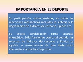 IMPORTANCIA EN EL DEPORTE
Su participación, como enzimas, en todas las
reacciones metabólicas incluidas la síntesis y la
degradación de hidratos de carbono, lípidos etc.
Su escasa participación como sustrato
energético. Sólo funcionan como tal cuando las
reservas de hidratos de carbono y lípidos se
agotan, a consecuencia de una dieta poco
adecuada a la práctica deportiva.
 