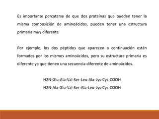 Es importante percatarse de que dos proteínas que pueden tener la
misma composición de aminoácidos, pueden tener una estructura

primaria muy diferente

Por ejemplo, los dos péptidos que aparecen a continuación están
formados por los mismos aminoácidos, pero su estructura primaria es
diferente ya que tienen una secuencia diferente de aminoácidos.

H2N-Glu-Ala-Val-Ser-Leu-Ala-Lys-Cys-COOH

H2N-Ala-Glu-Val-Ser-Ala-Leu-Lys-Cys-COOH

 