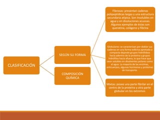 Fibrosas: presentan cadenas
polipeptídicas largas y una estructura
secundaria atípica. Son insolubles en
agua y en disoluciones acuosas.
Algunos ejemplos de éstas son
queratina, colágeno y fibrina

SEGÚN SU FORMA

CLASIFICACIÓN

Globulares: se caracterizan por doblar sus
cadenas en una forma esférica apretada o
compacta dejando grupos hidrófobos
hacia adentro de la proteína y grupos
hidrófilos hacia afuera, lo que hace que
sean solubles en disolventes polares como
el agua. La mayoría de las enzimas,
anticuerpos, algunas hormonas y proteínas
de transporte.

COMPOSICIÓN
QUÍMICA
Mixtas: posee una parte fibrilar en el
centro de la proteína y otra parte
globular en los extremos

 