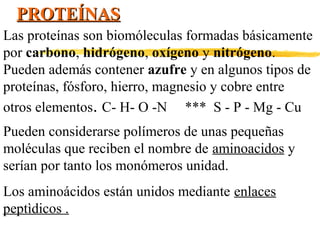 PROTEÍNAS
Las proteínas son biomóleculas formadas básicamente
por carbono, hidrógeno, oxígeno y nitrógeno.
Pueden además contener azufre y en algunos tipos de
proteínas, fósforo, hierro, magnesio y cobre entre
otros elementos. C- H- O -N *** S - P - Mg - Cu
Pueden considerarse polímeros de unas pequeñas
moléculas que reciben el nombre de aminoacidos y
serían por tanto los monómeros unidad.
Los aminoácidos están unidos mediante enlaces
peptìdicos .

 