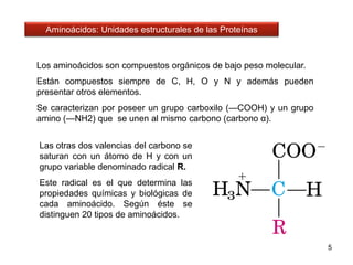 Aminoácidos: Unidades estructurales de las Proteínas 
Los aminoácidos son compuestos orgánicos de bajo peso molecular. 
Están compuestos siempre de C, H, O y N y además pueden 
presentar otros elementos. 
Se caracterizan por poseer un grupo carboxilo (—COOH) y un grupo 
amino (—NH2) que se unen al mismo carbono (carbono α). 
5 
Las otras dos valencias del carbono se 
saturan con un átomo de H y con un 
grupo variable denominado radical R. 
Este radical es el que determina las 
propiedades químicas y biológicas de 
cada aminoácido. Según éste se 
distinguen 20 tipos de aminoácidos. 
 