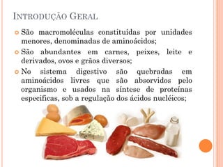 INTRODUÇÃO GERAL
 São macromoléculas constituídas por unidades
menores, denominadas de aminoácidos;
 São abundantes em carnes, peixes, leite e
derivados, ovos e grãos diversos;
 No sistema digestivo são quebradas em
aminoácidos livres que são absorvidos pelo
organismo e usados na síntese de proteínas
especificas, sob a regulação dos ácidos nucléicos;
 