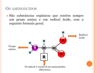 OS AMINOÁCIDOS
 São substâncias orgânicas que contêm sempre
um grupo amina e um radical ácido, com a
seguinte formula geral:
Radical
ácido
Grupo
amina
O radical é variável em aminoácidos
diferentes.
 