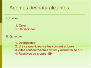 Agentes desnaturalizantes
I. Físicos
1. Calor
2. Radiaciones
II. Químicos
1. Detergentes
2. Urea y guanidina a altas concentraciones
3. Altas concentraciones de sal y extremos de pH
4. Reactivos de grupos -SH
 