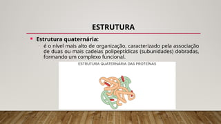 ESTRUTURA
 Estrutura quaternária:
• é o nível mais alto de organização, caracterizado pela associação
de duas ou mais cadeias polipeptídicas (subunidades) dobradas,
formando um complexo funcional.
 