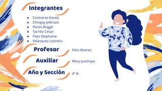 Integrantes
● Contreras Karely
● Chingay Jeferson
● Flores Briggit
● Tarrillo Cesar
● Paez Stephanie
● Velasquez Leandro
Profesor
Auxiliar
Año y Sección
Felix Alvarez
Mary Junchaya
4° B
 