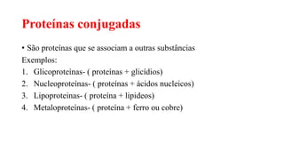 Proteínas conjugadas
• São proteínas que se associam a outras substâncias
Exemplos:
1. Glicoproteínas- ( proteínas + glicídios)
2. Nucleoproteínas- ( proteínas + ácidos nucleicos)
3. Lipoproteinas- ( proteína + lipideos)
4. Metaloproteínas- ( proteína + ferro ou cobre)
 