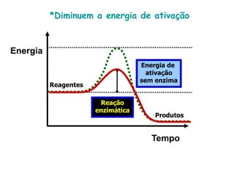 Reagentes
Energia de
ativação
sem enzima
Reação
enzimática
Tempo
Energia
Produtos
*Diminuem a energia de ativação
 