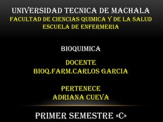 UNIVERSIDAD TECNICA DE MACHALA
FACULTAD DE CIENCIAS QUIMICA Y DE LA SALUD
ESCUELA DE ENFERMERIA

BIOQUIMICA

DOCENTE
BIOQ.FARM.CARLOS GARCIA
PERTENECE
ADRIANA CUEVA

PRIMER SEMESTRE «C»

 