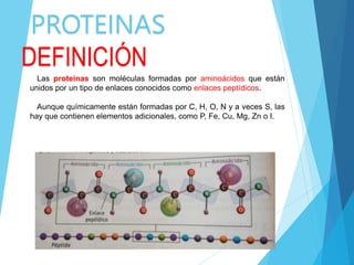 PROTEINAS
Las proteínas son moléculas formadas por aminoácidos que están
unidos por un tipo de enlaces conocidos como enlaces peptídicos.
Aunque químicamente están formadas por C, H, O, N y a veces S, las
hay que contienen elementos adicionales, como P, Fe, Cu, Mg, Zn o I.
DEFINICIÓN
 