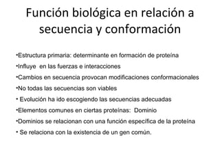 Función biológica en relación a secuencia y conformación Estructura primaria: determinante en formación de proteína Influye  en las fuerzas e interacciones  Cambios en secuencia provocan modificaciones conformacionales No todas las secuencias son viables Evolución ha ido escogiendo las secuencias adecuadas Elementos comunes en ciertas proteínas:  Dominio Dominios se relacionan con una función específica de la proteína Se relaciona con la existencia de un gen común. 