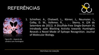 REFERÊNCIAS

                         1. Schiefner, A., Chatwell, L., Körner, J., Neumaier, I.,
                            Colby, D. W., Volkmer, R., . . . Skerra, A. (24 de
                            Setembro de 2011). A Disulfide-Free Single-Domain VL
                            Intrabody with Blocking Activity towards Huntingtin
                            Reveals a Novel Mode of Epitope Recognition. Journal
                            of Molecular Biology.
Figura 05 – Aspecto de
cérebro com Huntington




                                    PROTEÍNAS EM EXIBIÇÃO
 