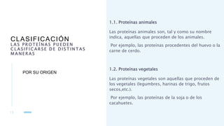 CLASIFICACIÓN
L A S P R O T E Í N A S P U E D E N
C L A S I F I C A R S E D E D I S T I N T A S
M A N E R A S
1.1. Proteínas animales
Las proteínas animales son, tal y como su nombre
indica, aquellas que proceden de los animales.
Por ejemplo, las proteínas procedentes del huevo o la
carne de cerdo.
1.2. Proteínas vegetales
Las proteínas vegetales son aquellas que proceden de
los vegetales (legumbres, harinas de trigo, frutos
secos,etc.).
Por ejemplo, las proteínas de la soja o de los
cacahuetes.
1 5
POR SU ORIGEN
 