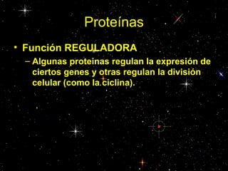 Proteínas
• Función REGULADORA
– Algunas proteinas regulan la expresión de
ciertos genes y otras regulan la división
celular (como la ciclina).
 