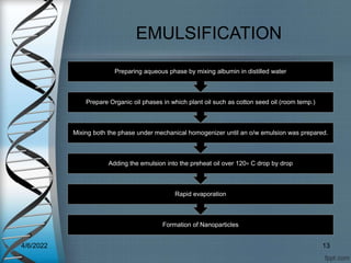 EMULSIFICATION
Formation of Nanoparticles
Rapid evaporation
Adding the emulsion into the preheat oil over 120∘ C drop by drop
Mixing both the phase under mechanical homogenizer until an o/w emulsion was prepared.
Prepare Organic oil phases in which plant oil such as cotton seed oil (room temp.)
Preparing aqueous phase by mixing albumin in distilled water
4/6/2022 13
 