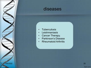 diseases
• Tuberculosis
• Leishmaniasis
• Cancer Therapy.
• Parkinson’s Disease
• Rheumatoid Arthritis
4/6/2022 20
 
