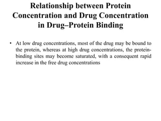 Relationship between Protein
Concentration and Drug Concentration
in Drug–Protein Binding
• At low drug concentrations, most of the drug may be bound to
the protein, whereas at high drug concentrations, the protein-
binding sites may become saturated, with a consequent rapid
increase in the free drug concentrations
 