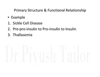 Primary Structure & Functional Relationship
• Example
1. Sickle Cell Disease
2. Pre-pro-insulin to Pro-insulin to Insulin
3. Thallasemia
 