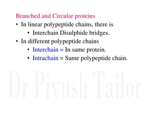 Branched and Circular proteins
• In linear polypeptide chains, there is
• Interchain Disulphide bridges.
• In different polypeptide chains
• Interchain = In same protein.
• Intrachain = Same polypeptide chain.
• Intrachain = Same polypeptide chain.
 