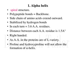 1. Alpha helix
• spiral structure.
• Polypeptide bonds = Backbone.
• Side chain of amino acids extend outward.
• Stabilized by hydrogen bonds
• In each turn = 3.6 A.A. residues.
• Distance between each A.A. residue is 1.5A°
• Distance between each A.A. residue is 1.5A°
• Right handed.
• As A.A. in the proteins are of L-variety.
• Proline and hydroxyproline will not allow the
formation of α-helix.
 