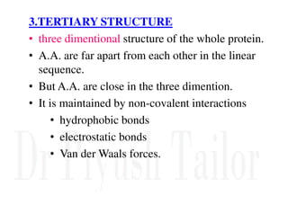 3.TERTIARY STRUCTURE
• three dimentional structure of the whole protein.
• A.A. are far apart from each other in the linear
sequence.
• But A.A. are close in the three dimention.
• It is maintained by non-covalent interactions
• hydrophobic bonds
• electrostatic bonds
• Van der Waals forces.
 