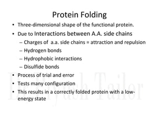 Protein Folding
• Three-dimensional shape of the functional protein.
• Due to Interactions between A.A. side chains
– Charges of a.a. side chains = attraction and repulsion
– Hydrogen bonds
– Hydrophobic interactions
– Hydrophobic interactions
– Disulfide bonds
• Process of trial and error
• Tests many configuration
• This results in a correctly folded protein with a low-
energy state
 