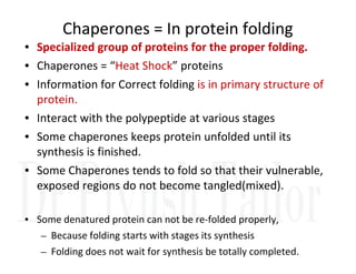 Chaperones = In protein folding
• Specialized group of proteins for the proper folding.
• Chaperones = “Heat Shock” proteins
• Information for Correct folding is in primary structure of
protein.
• Interact with the polypeptide at various stages
• Some chaperones keeps protein unfolded until its
• Some chaperones keeps protein unfolded until its
synthesis is finished.
• Some Chaperones tends to fold so that their vulnerable,
exposed regions do not become tangled(mixed).
• Some denatured protein can not be re-folded properly,
– Because folding starts with stages its synthesis
– Folding does not wait for synthesis be totally completed.
 