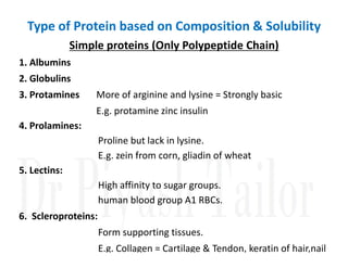 Type of Protein based on Composition & Solubility
Simple proteins (Only Polypeptide Chain)
1. Albumins
2. Globulins
3. Protamines More of arginine and lysine = Strongly basic
E.g. protamine zinc insulin
4. Prolamines:
Proline but lack in lysine.
Proline but lack in lysine.
E.g. zein from corn, gliadin of wheat
5. Lectins:
High affinity to sugar groups.
human blood group A1 RBCs.
6. Scleroproteins:
Form supporting tissues.
E.g. Collagen = Cartilage & Tendon, keratin of hair,nail
 