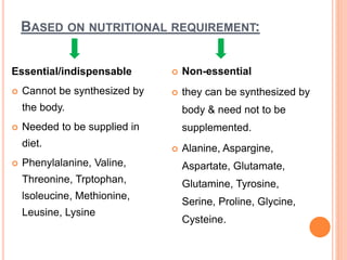 BASED ON NUTRITIONAL REQUIREMENT:
Essential/indispensable
 Cannot be synthesized by
the body.
 Needed to be supplied in
diet.
 Phenylalanine, Valine,
Threonine, Trptophan,
lsoleucine, Methionine,
Leusine, Lysine
 Non-essential
 they can be synthesized by
body & need not to be
supplemented.
 Alanine, Aspargine,
Aspartate, Glutamate,
Glutamine, Tyrosine,
Serine, Proline, Glycine,
Cysteine.
 