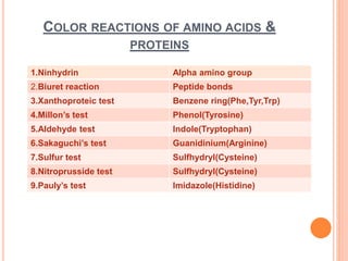 COLOR REACTIONS OF AMINO ACIDS &
PROTEINS
1.Ninhydrin Alpha amino group
2.Biuret reaction Peptide bonds
3.Xanthoproteic test Benzene ring(Phe,Tyr,Trp)
4.Millon’s test Phenol(Tyrosine)
5.Aldehyde test Indole(Tryptophan)
6.Sakaguchi’s test Guanidinium(Arginine)
7.Sulfur test Sulfhydryl(Cysteine)
8.Nitroprusside test Sulfhydryl(Cysteine)
9.Pauly’s test Imidazole(Histidine)
 
