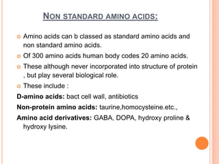 NON STANDARD AMINO ACIDS:
 Amino acids can b classed as standard amino acids and
non standard amino acids.
 Of 300 amino acids human body codes 20 amino acids.
 These although never incorporated into structure of protein
, but play several biological role.
 These include :
D-amino acids: bact cell wall, antibiotics
Non-protein amino acids: taurine,homocysteine.etc.,
Amino acid derivatives: GABA, DOPA, hydroxy proline &
hydroxy lysine.
 