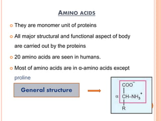AMINO ACIDS
 They are monomer unit of proteins
 All major structural and functional aspect of body
are carried out by the proteins
 20 amino acids are seen in humans.
 Most of amino acids are in α-amino acids except
proline
General structure
 