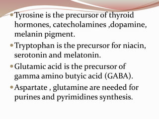 Tyrosine is the precursor of thyroid
hormones, catecholamines ,dopamine,
melanin pigment.
Tryptophan is the precursor for niacin,
serotonin and melatonin.
Glutamic acid is the precursor of
gamma amino butyic acid (GABA).
Aspartate , glutamine are needed for
purines and pyrimidines synthesis.
 