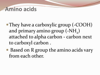 Amino acids
They have a carboxylic group (-COOH)
and primary amino group (-NH2)
attached to alpha carbon - carbon next
to carboxyl carbon .
 Based on R group the amino acids vary
from each other.
 