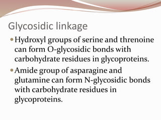 Glycosidic linkage
Hydroxyl groups of serine and threnoine
can form O-glycosidic bonds with
carbohydrate residues in glycoproteins.
Amide group of asparagine and
glutamine can form N-glycosidic bonds
with carbohydrate residues in
glycoproteins.
 