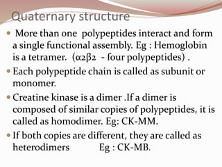 Quaternary structure
 More than one polypeptides interact and form
a single functional assembly. Eg : Hemoglobin
is a tetramer. (α2β2 - four polypeptides) .
 Each polypeptide chain is called as subunit or
monomer.
 Creatine kinase is a dimer .If a dimer is
composed of similar copies of polypeptides, it is
called as homodimer. Eg: CK-MM.
 If both copies are different, they are called as
heterodimers Eg : CK-MB.
 