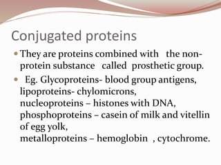 Conjugated proteins
 They are proteins combined with the non-
protein substance called prosthetic group.
 Eg. Glycoproteins- blood group antigens,
lipoproteins- chylomicrons,
nucleoproteins – histones with DNA,
phosphoproteins – casein of milk and vitellin
of egg yolk,
metalloproteins – hemoglobin , cytochrome.
 