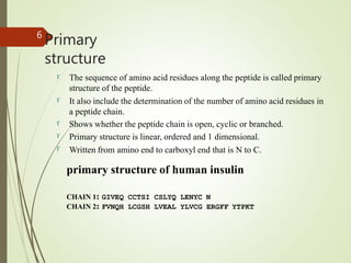 Primary
structure
6





The sequence of amino acid residues along the peptide is called primary
structure of the peptide.
It also include the determination of the number of amino acid residues in
a peptide chain.
Shows whether the peptide chain is open, cyclic or branched.
Primary structure is linear, ordered and 1 dimensional.
Written from amino end to carboxyl end that is N to C.
primary structure of human insulin
CHAIN 1: GIVEQ CCTSI CSLYQ LENYC N
CHAIN 2: FVNQH LCGSH LVEAL YLVCG ERGFF YTPKT
 