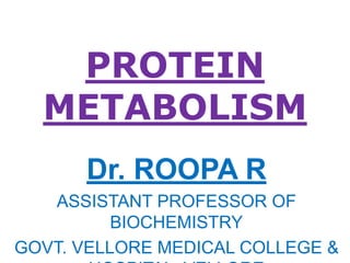 PROTEIN
METABOLISM
Dr. ROOPA R
ASSISTANT PROFESSOR OF
BIOCHEMISTRY
GOVT. VELLORE MEDICAL COLLEGE &
 