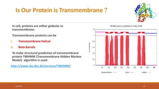 Is Our Protein is Transmembrane ?
In cell, proteins are either globular or
transmembrane.
Transmembrane proteins can be
i. Transmembrane helical
ii. Beta-barrels
To make structural prediction of transmembrane
protein TMHMM (Transmembrane Hidden Markov
Model) algorithm is used.
http://www.cbs.dtu.dk/services/TMHMM/
5/28/2019 15
 