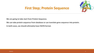 First Step; Protein Sequence
We are going to take start from Protein Sequence.
We can take protein sequence from database or can translate gene sequence into protein.
In both cases, we should ultimately have FASTA format.
5/28/2019 5
 