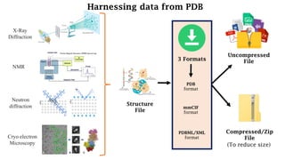 Harnessing data from PDB
X-Ray
Diffraction
NMR
Neutron
diffraction
Cryo electron
Microscopy
Structure
File
mmCIF
format
PDB
format
PDBML/XML
format
3 Formats
Uncompressed
File
Compressed/Zip
File
(To reduce size)
 