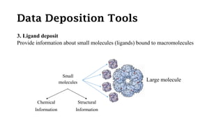 Data Deposition Tools
3. Ligand deposit
Provide information about small molecules (ligands) bound to macromolecules
Small
molecules Large molecule
Chemical
Information
Structural
Information
 